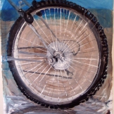 Bike Wheel, acrylic on paper, 35 by 35 in. Emilia Kallock 2004