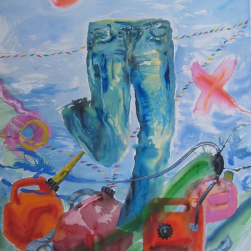 Jeans and Gas Cans, watercolor on paper, 56 by 40 in. Emilia Kallock 2006