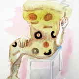 Smoking Pizza, watercolor on paper, 9 by 7 in. Emilia Kallock 2015