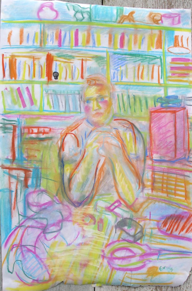 Study of Josh at the table, chalk pastel on newsprint, 28 by 18 in. Emilia Kallock 2015