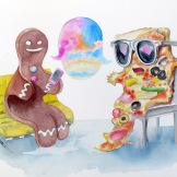 Pizza, Gingerbread, watercolor on paper, 12 by 16 in. Emilia Kallock 2016