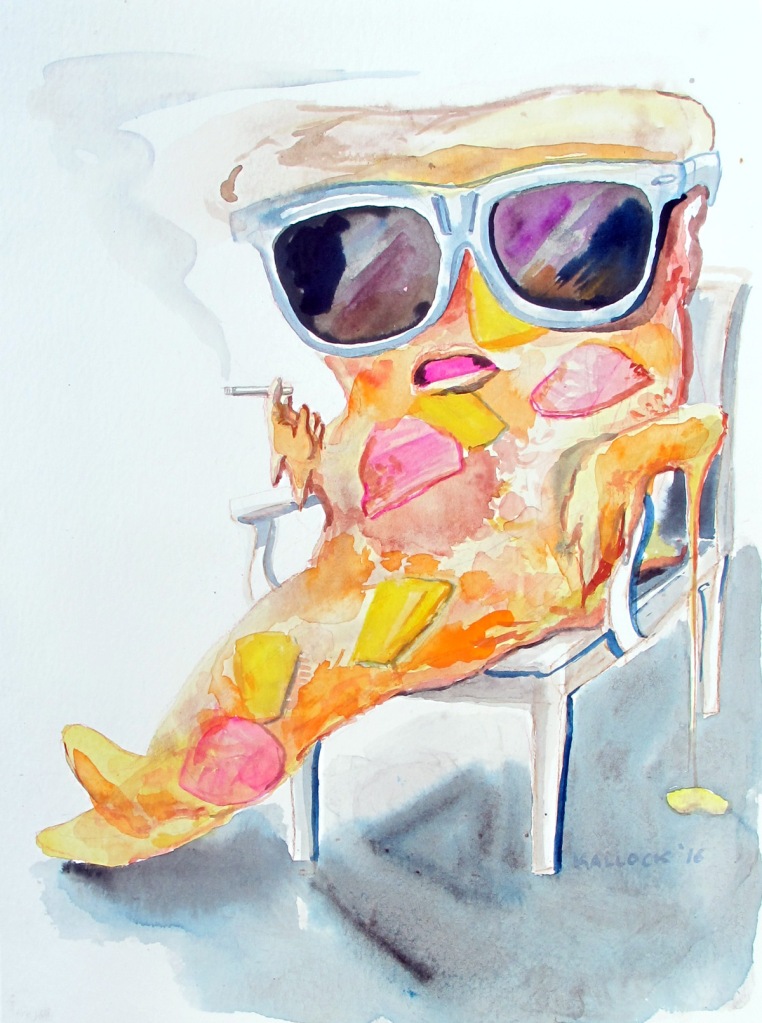 Pizza Smoking 2, watercolor on paper, 12  by 10 in. Emilia Kallock 2016