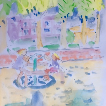 Antonia and Gabriella en Plaza Belloto, watercolor on paper 11 by 9 in. Emilia Kallock 2017