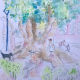 Tree in the Plaza, watercolor and pen on paper, 11 by 9 in. Emilia Kallock 2017