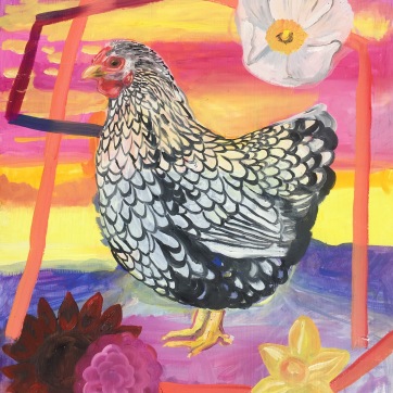 Chicken with Flowers and Futuristic Structures, oil on board, 14 by 18 in. Emilia Kallock 2017 When chickens can be respected as animals that give us food, and we can provide them with sunlight, space and humane growing environments we will also benefit as humans.