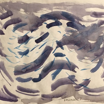 Wind, watercolor on paper, 8 by 10 in. Emilia Kallock 2018. How does one illustrate wind? With the effects it has on the things it touches? I’m interested in drawing it because it’s like trying to portray emotions. They’re invisible, but the tangible effects show up in the material world.