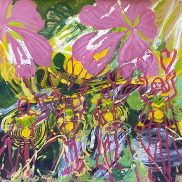Figures and Flowers, acrylic on paper, 59 by 52 in. Emilia Kallock, 2020